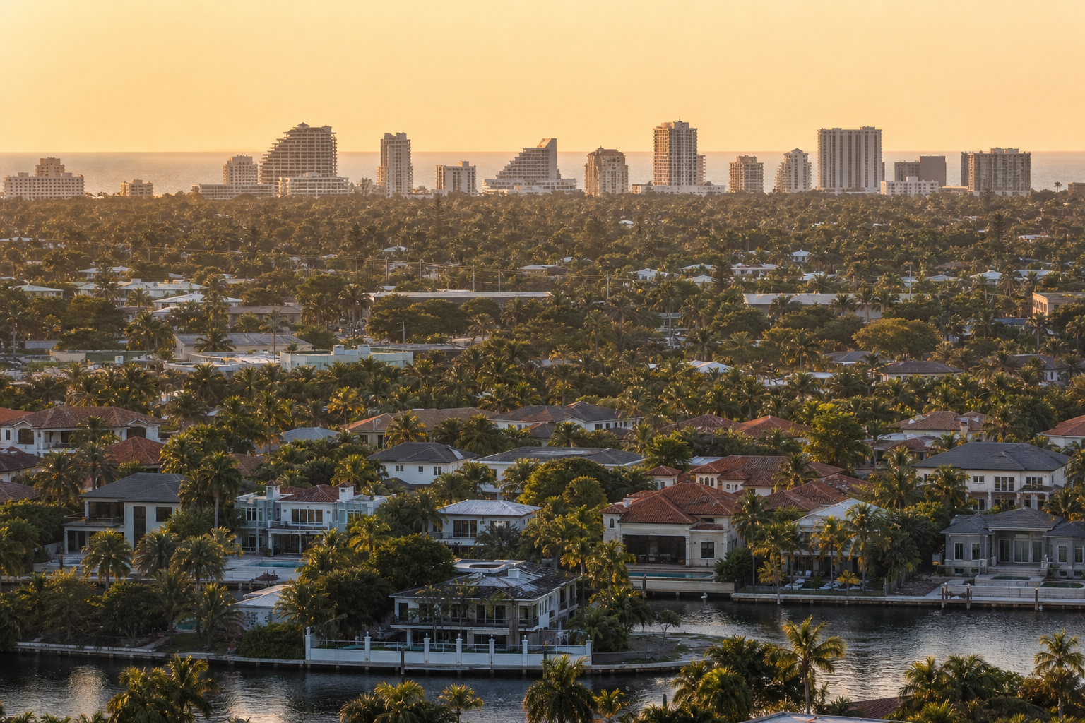 The city skyline rising beyond residential streets in Pompano Beach, FL — Fort Lauderdale Home Now