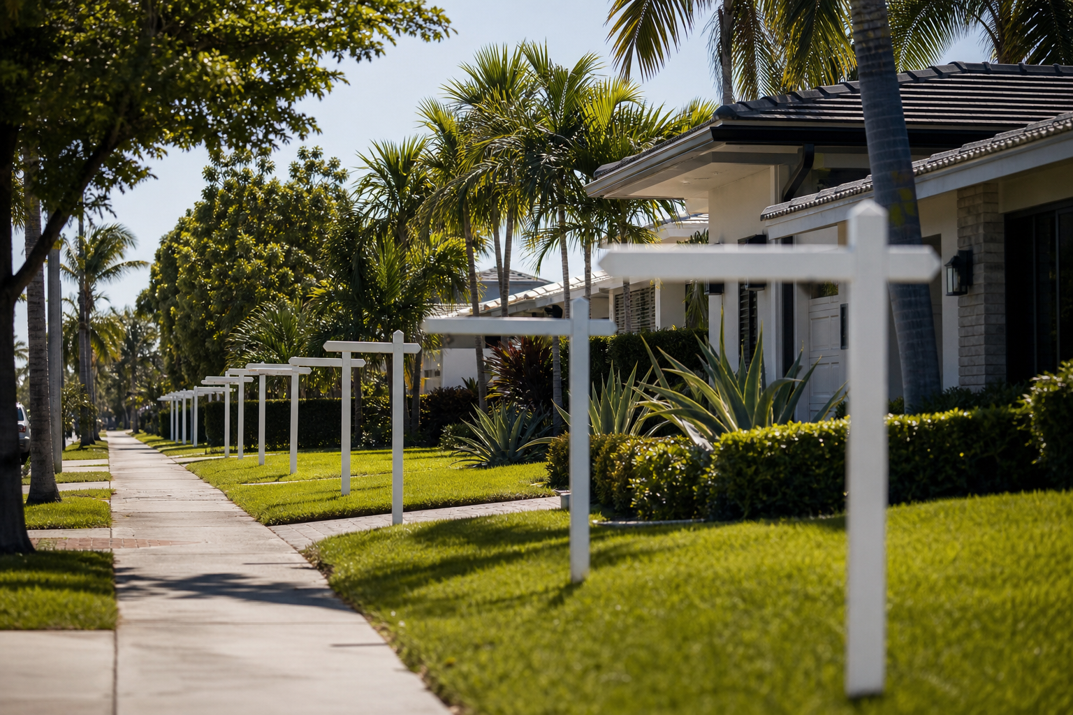A front yard with an unmarked sign post, houses behind in Pompano Beach, FL — Service Makes in Fort Lauderdale