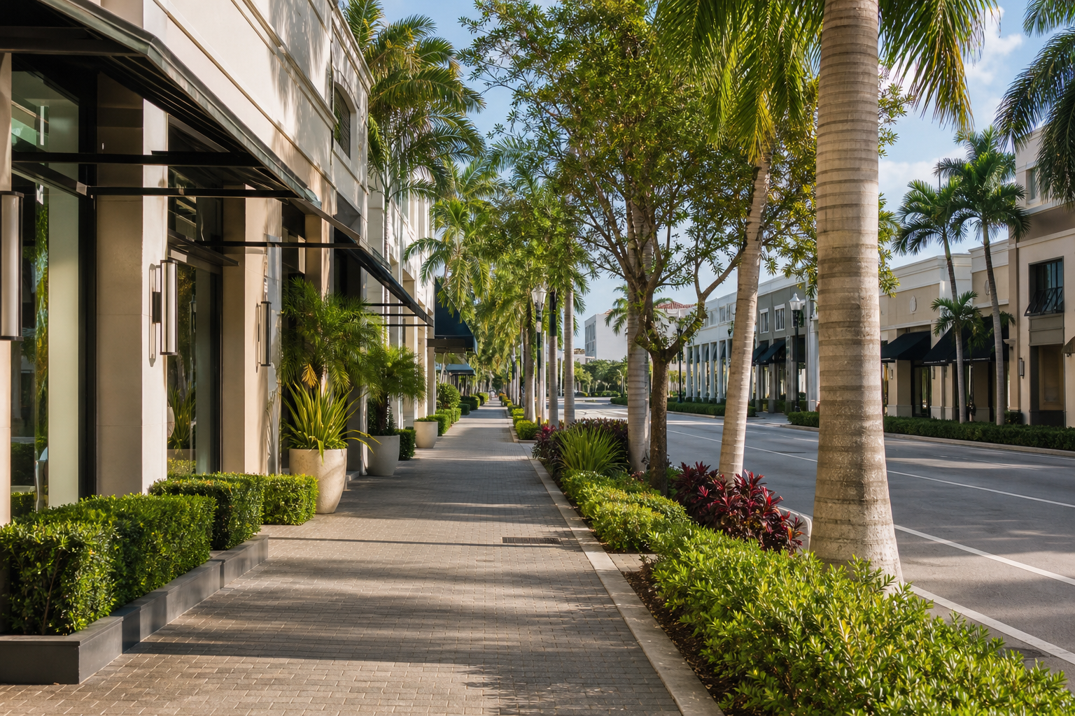 A local main street with its shopfronts in Pompano Beach, FL — Relocating to South Florida