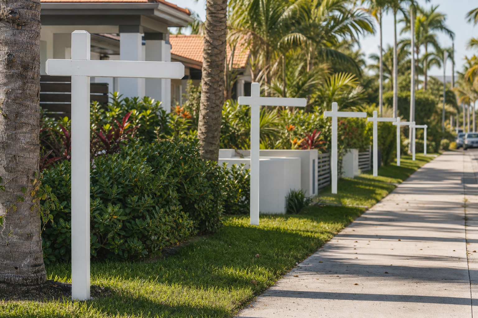 A front yard with an unmarked sign post, houses behind in Wilton Manors, FL — Fort Lauderdale Real Estate