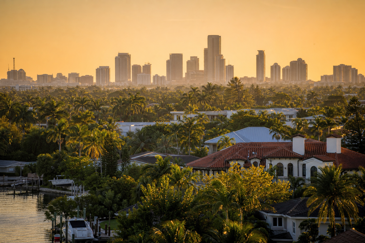 The city skyline rising beyond residential streets in Greater Fort Lauderdale, FL — Home Marketing in Fort Lauderdale