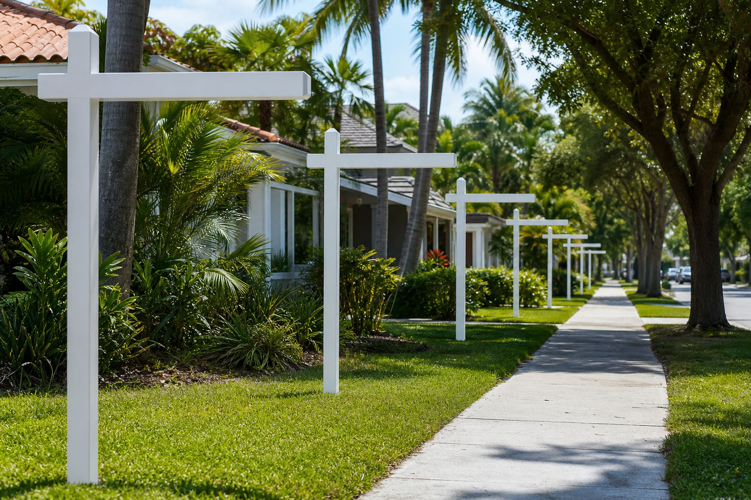 A front yard with an unmarked sign post, houses behind in Wilton Manors, FL — Selling in South Florida